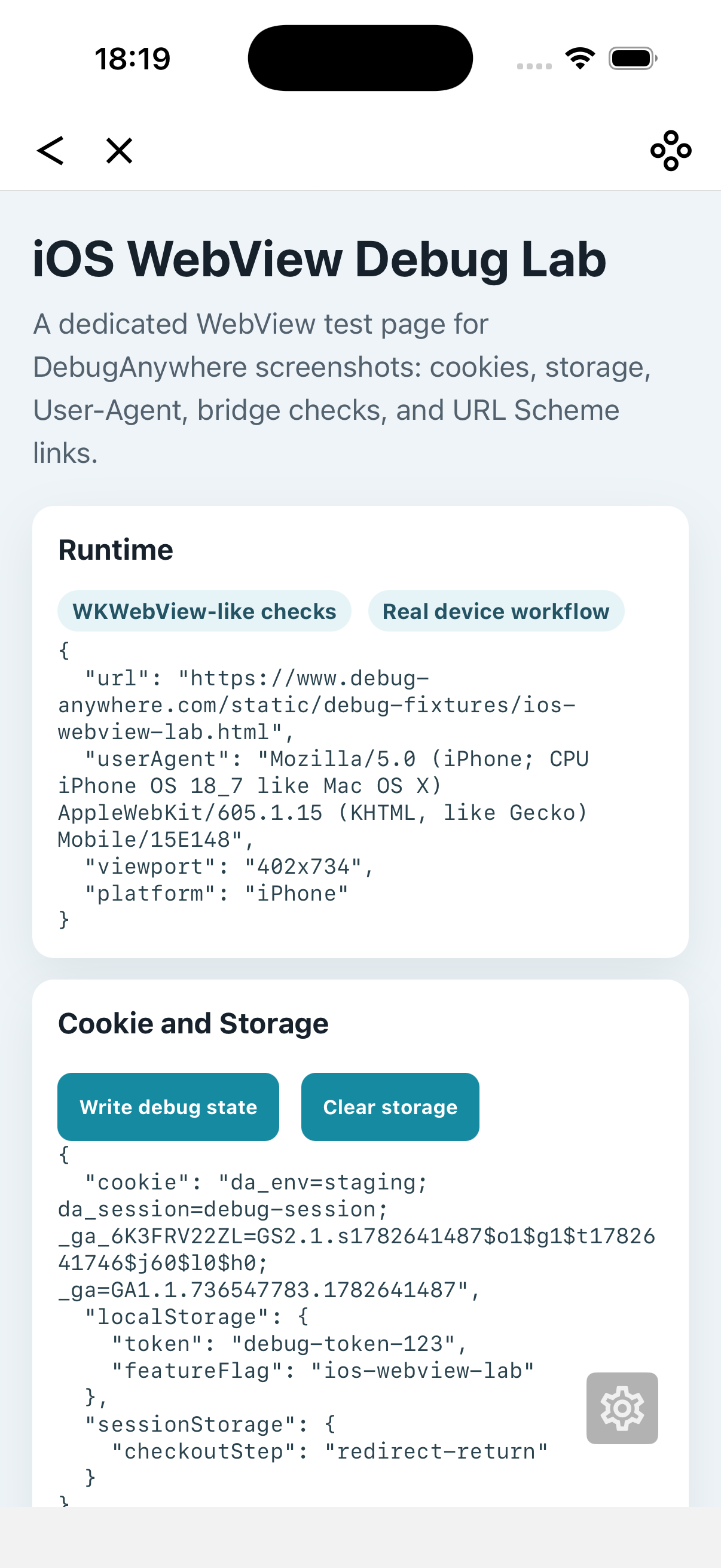 DebugAnywhere running an iOS WebView debug lab page in the iPhone simulator